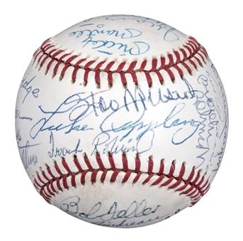 1985-89 Hall of Fame Multi-Signed OAL Brown Baseball with 24 Signatures Including Mantle, Mays, Aaron, Banks, Mize (PSA/DNA)